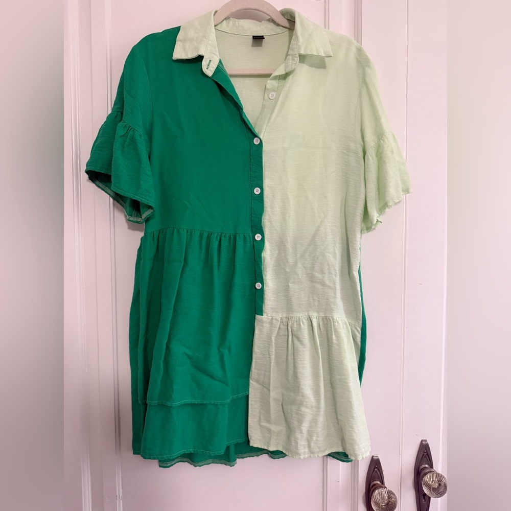 Green and Light Green Button-Up Dress